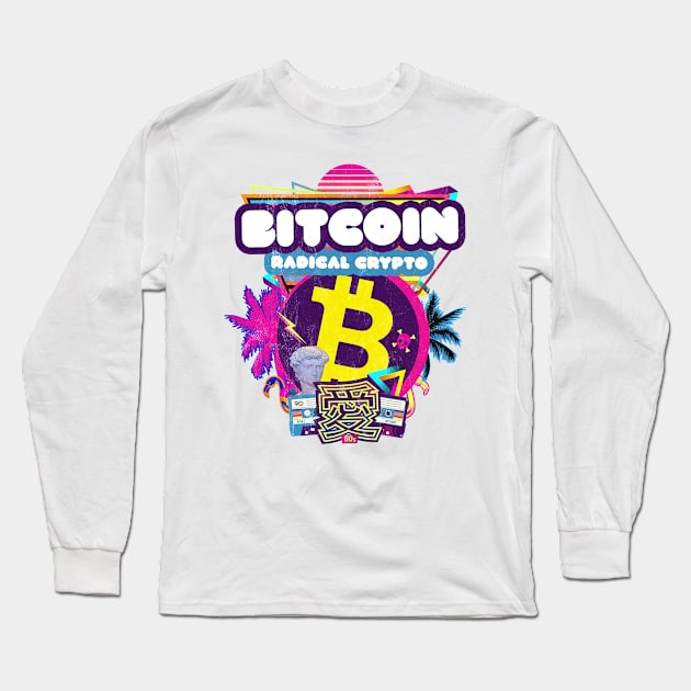 Bitcoin Crypto Radical Currency 80s Purple Pink Retro Funny Long Sleeve T-Shirt by MapYourWorld